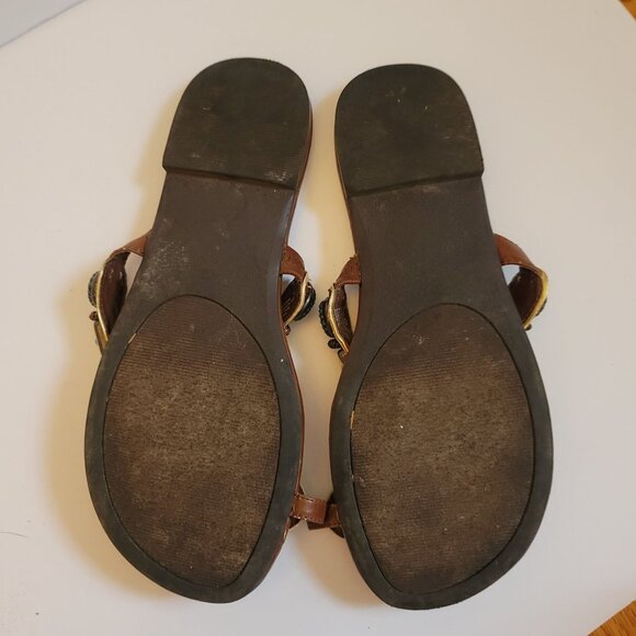 Vintage-Inspired Embellished Brown Sandals With Turquoise & Yellow Accents Size - Picture 3 of 6